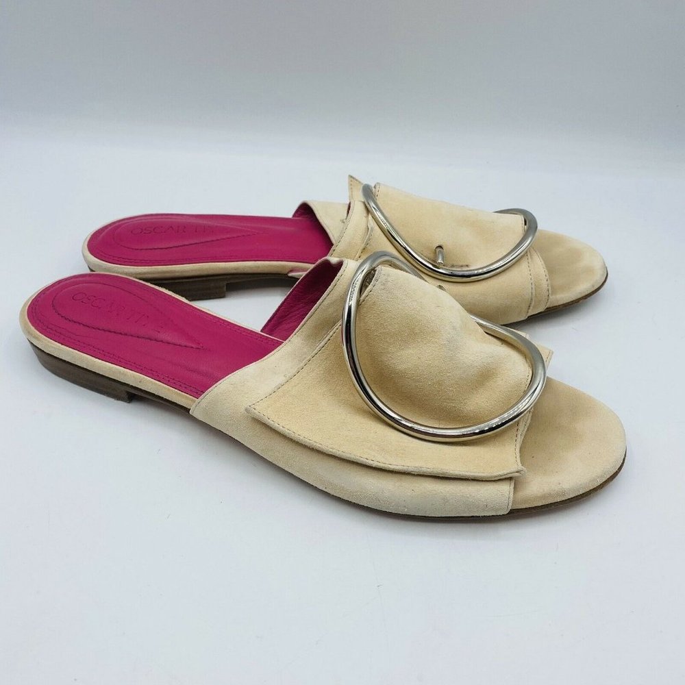Oscar Tiye Pale Pink Suede Flats Slides 37.5 7.5 - Picture 3 of 7